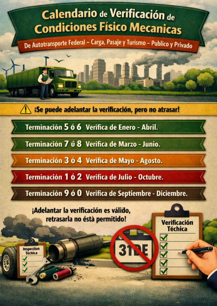 Calendario de verificación de condiciones fisico mecanica Calendario de verificación de condiciones fisico mecanica para autotransporte federal de carga, pasaje y turismo.