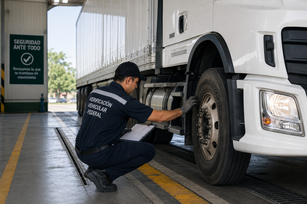 Inspector revisando sistema de frenos y llantas para la Verificación Físico-Mecánica SICT