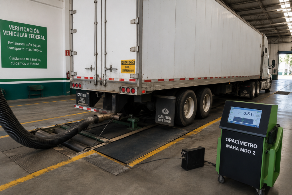 Inspector realizando la prueba de verificación federal a una unidad de autotransporte